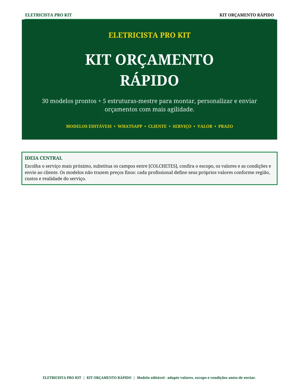 Prévia interna do Kit Orçamento Rápido